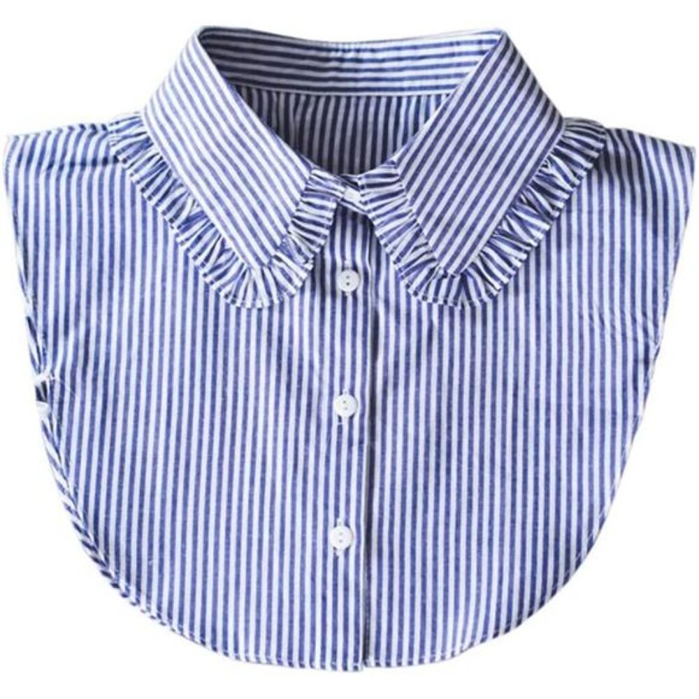 Striped Blue Ruffle-Trim Detachable Collar Dickey - Women Accessories